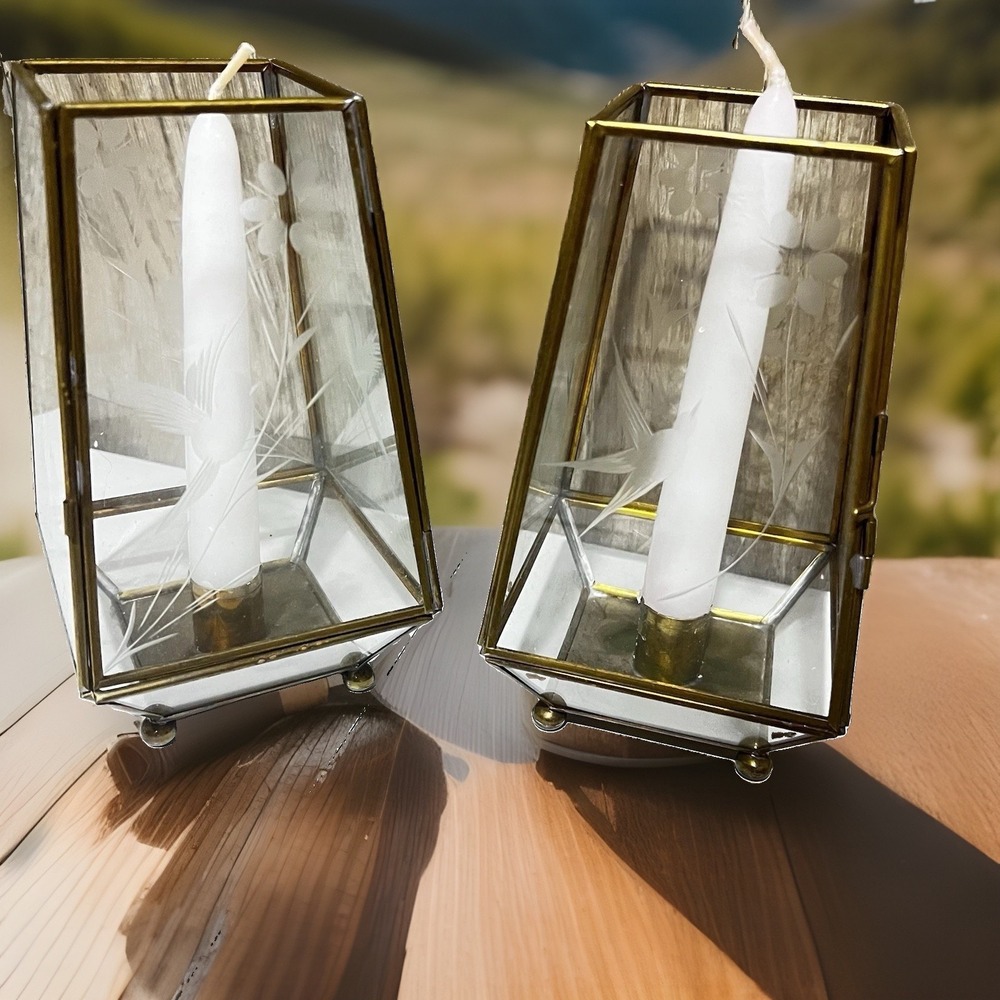 VTG Brass Etched Glass Lantern Candle Holder Lot of 2 Floral & Bird Etchings 7"